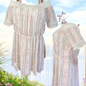 Faded Rose 3X Off-Shoulder Spaghetti Strap Lace Trim Dress - Pink & White